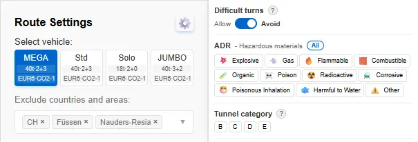 ADR class and tunnel restriction category selection in Transport Nomad route planning