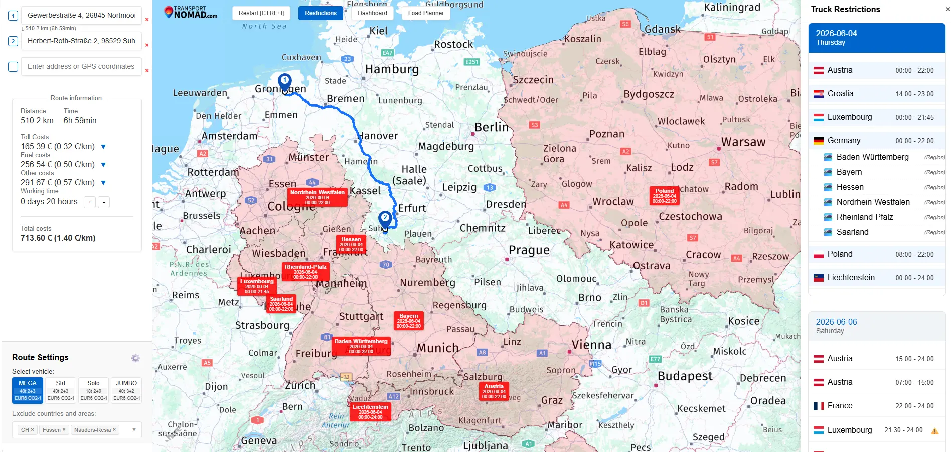 Holiday and weekend HGV ban zones shown as coloured overlays on the Transport Nomad map