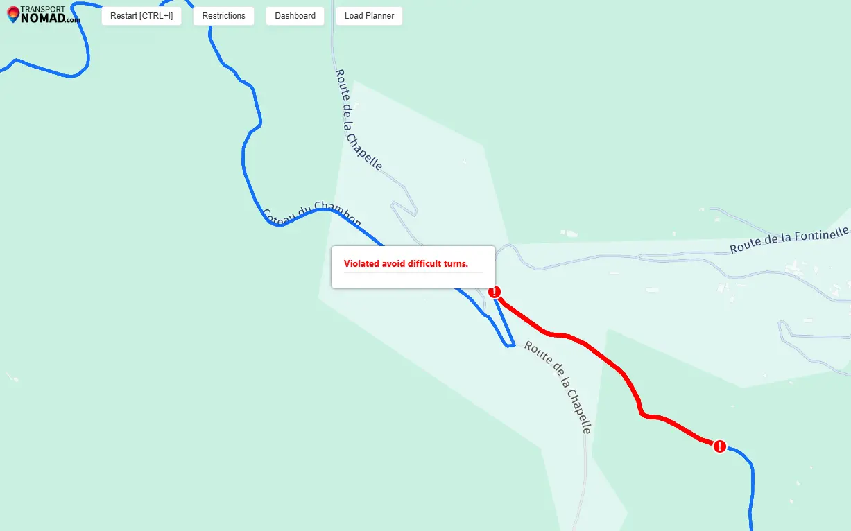 Route with difficult turns highlighted on the map after enabling the avoid-tight-bends option