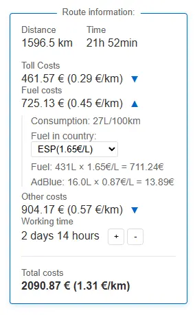 Cheapest fuel point detected on a multi-country route in Transport Nomad