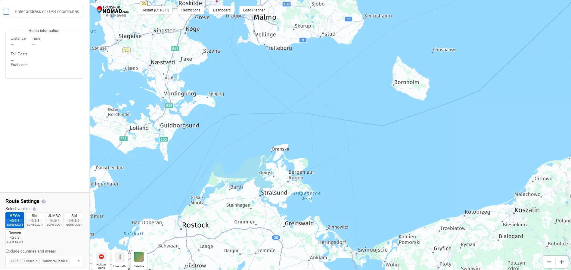 Baltic Sea map view with several ferry lines visible as dashed lines between Germany, Poland, Denmark and Sweden