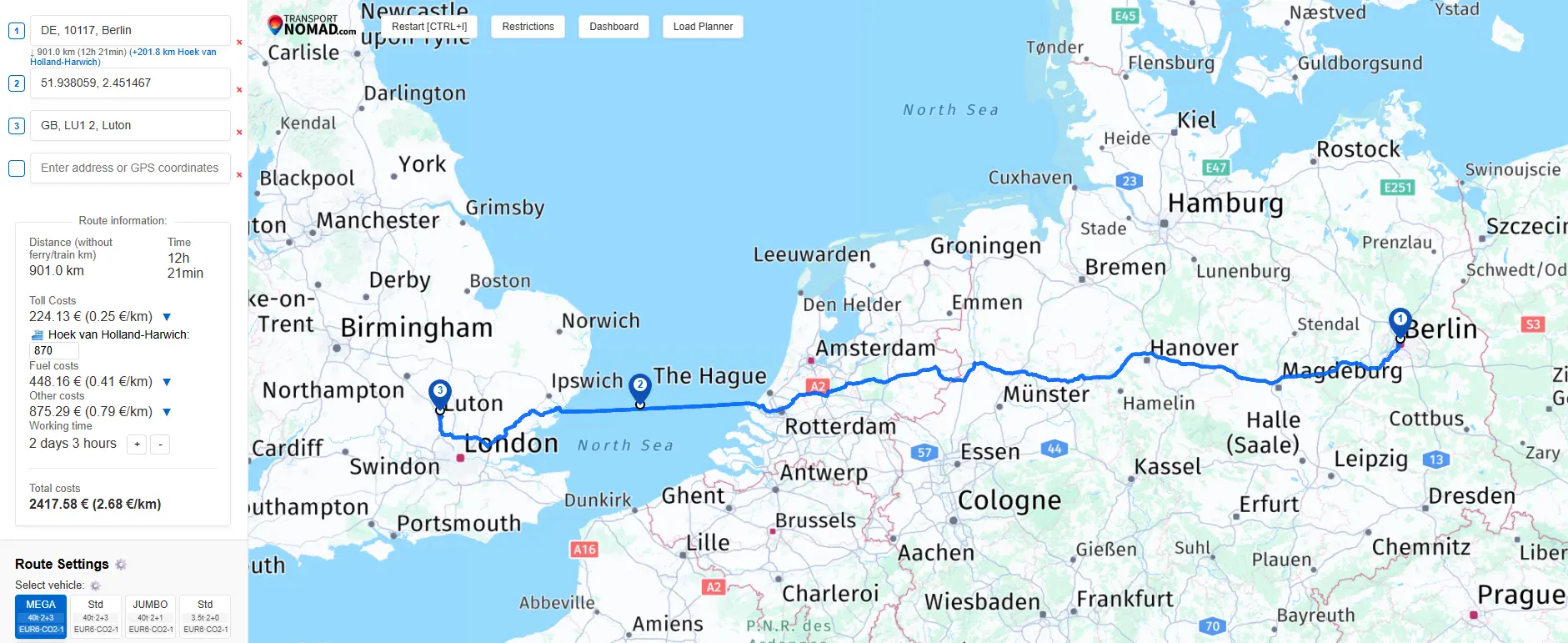 Berlin to Luton route pinned to the Hoek van Holland–Harwich ferry, with the via visible as a coordinates entry in the waypoint list