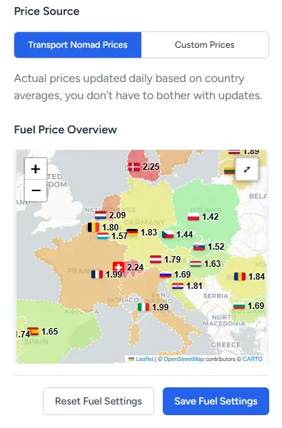 Fuel price and consumption settings in Transport Nomad