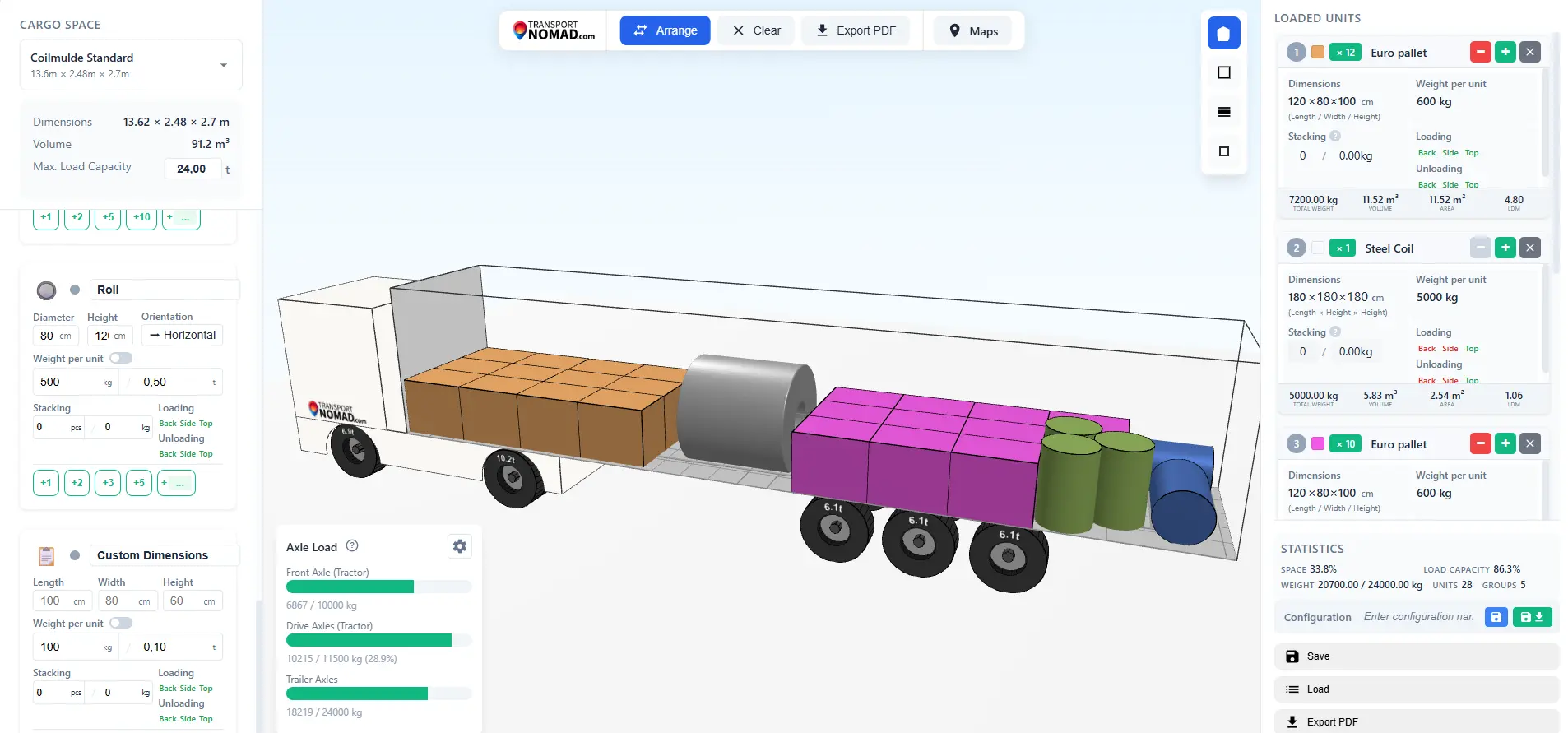 Cargo unit configuration in the 3D Load Planner, with EUR pallets, a steel coil and rolls placed on a Coilmulde trailer