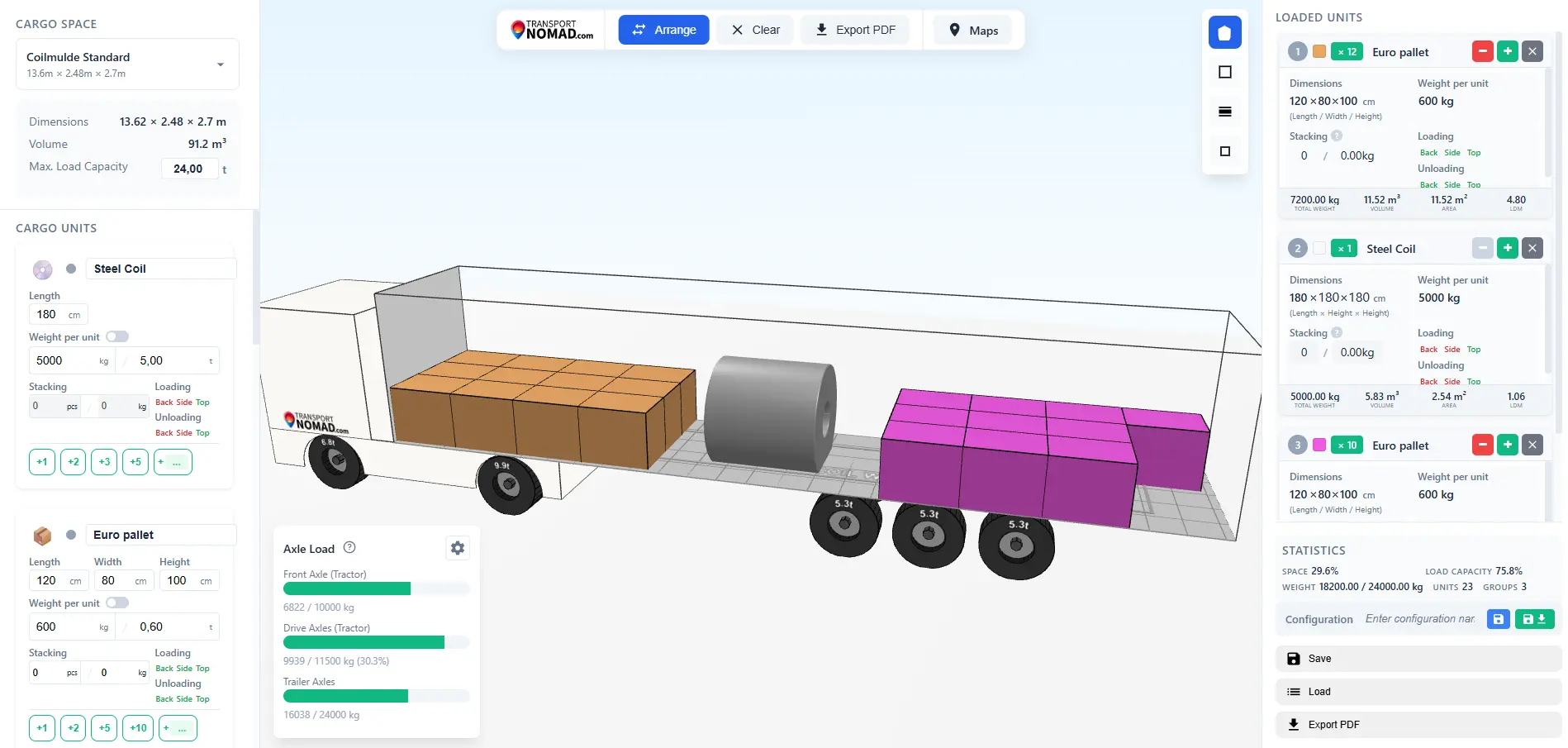 Choosing a vehicle template in the 3D Load Planner, with cargo space dimensions and payload displayed
