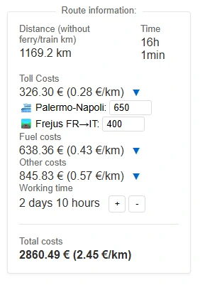 Route cost breakdown showing fuel, tolls and a tunnel crossing fee as separate lines