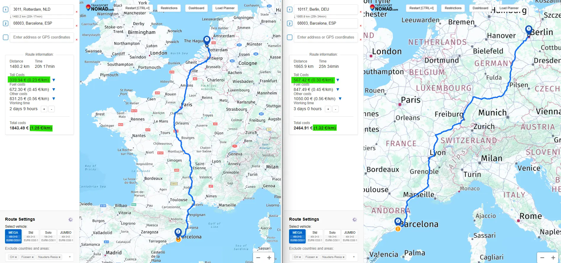 Per-country toll cost breakdown for a Berlin to Barcelona truck route in Transport Nomad