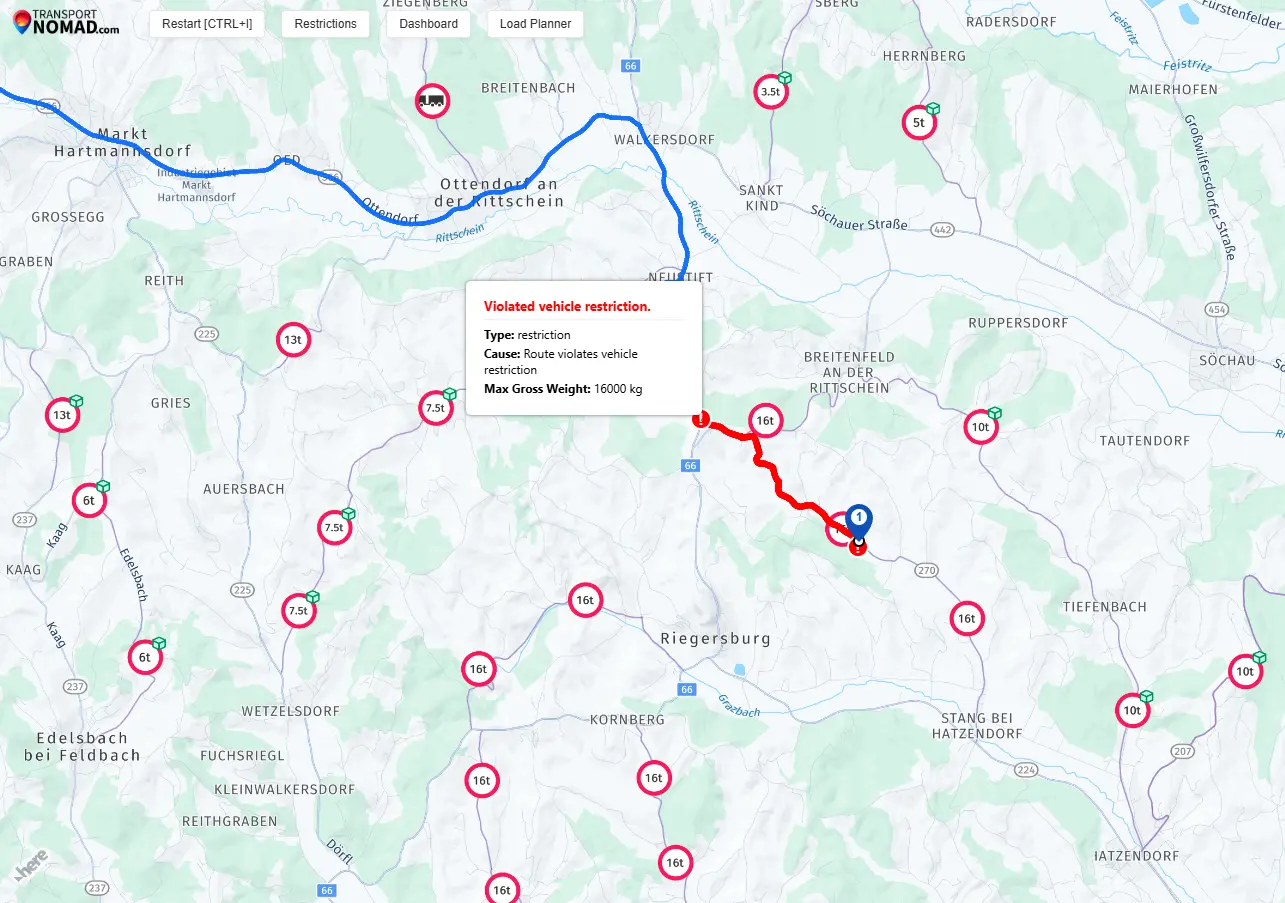Red warning segment on a route where the final leg crosses a weight-restricted road