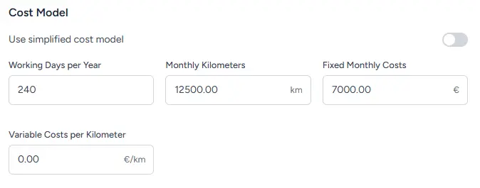 Vehicle cost setup in Transport Nomad with fixed costs, monthly mileage and working days