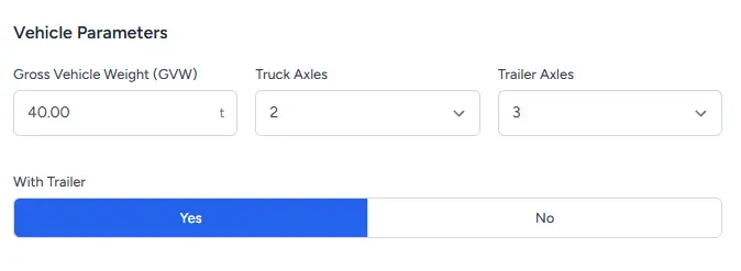 Vehicle parameters for HGV routing in Transport Nomad: weight, height, length, width, axles