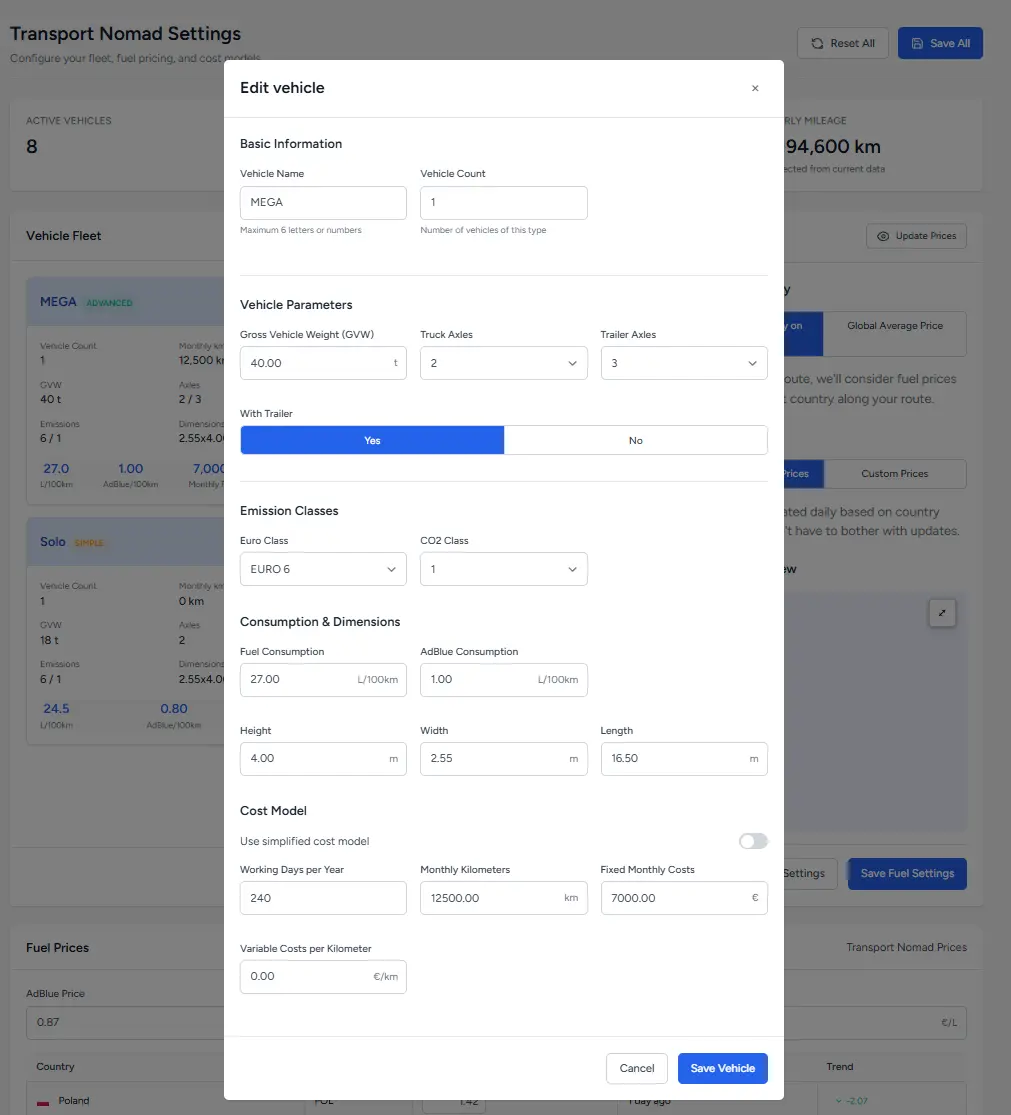 Vehicle parameters configuration in Transport Nomad: GVW, axles, EURO class and CO2 class