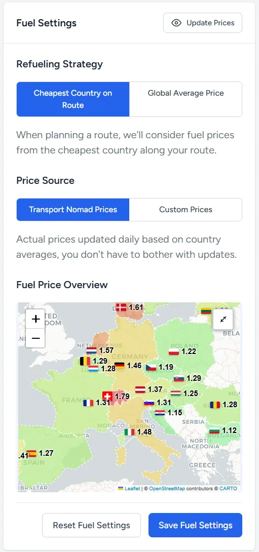 Mapa cen paliw wzdłuż trasy